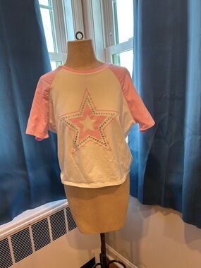 Hot Topic White & Pink Star Rhinestone Raglan Tee